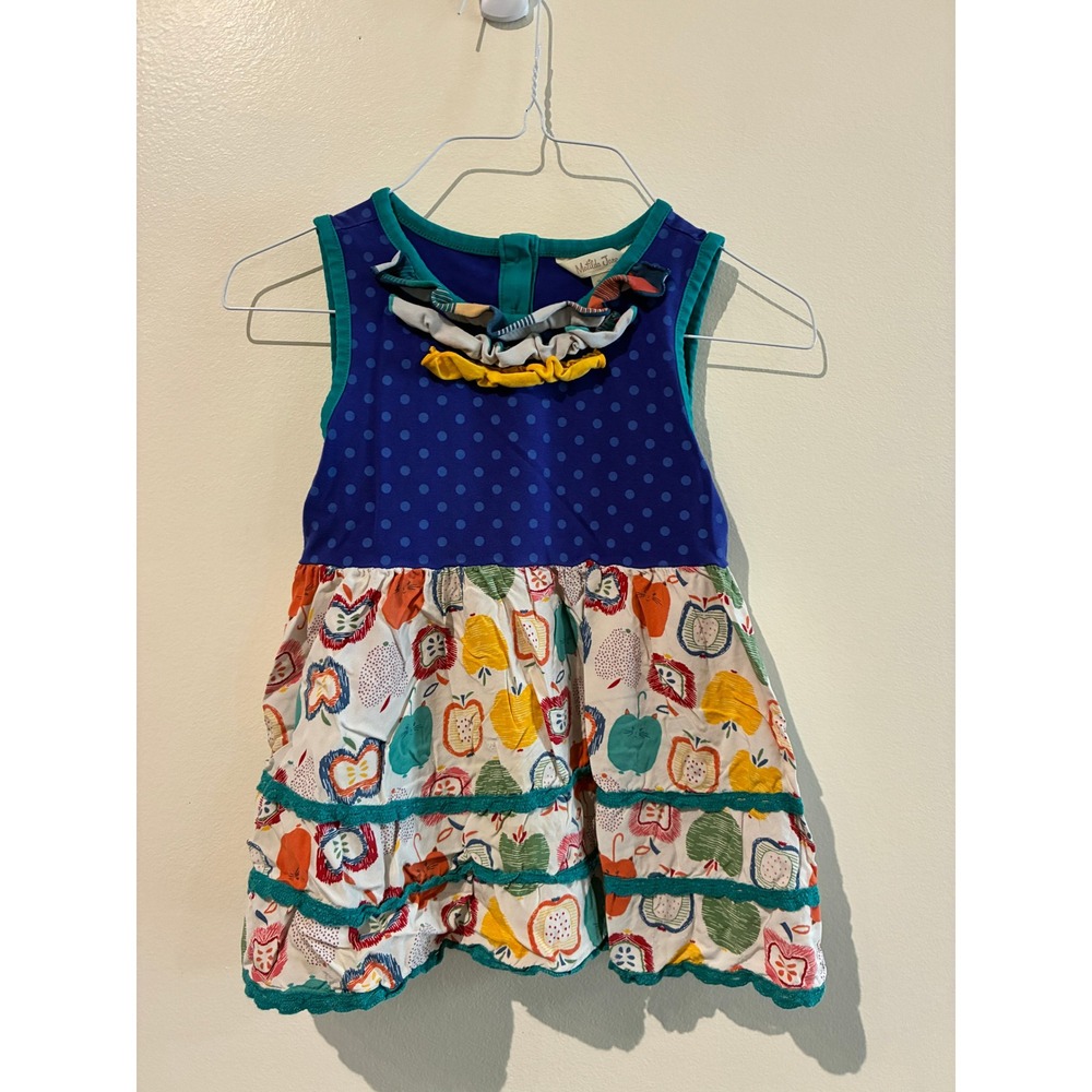 Matilda Jane Girls Size 6 Fruit Polka Dot Ruffle Tiered Dress Blue Multicolor